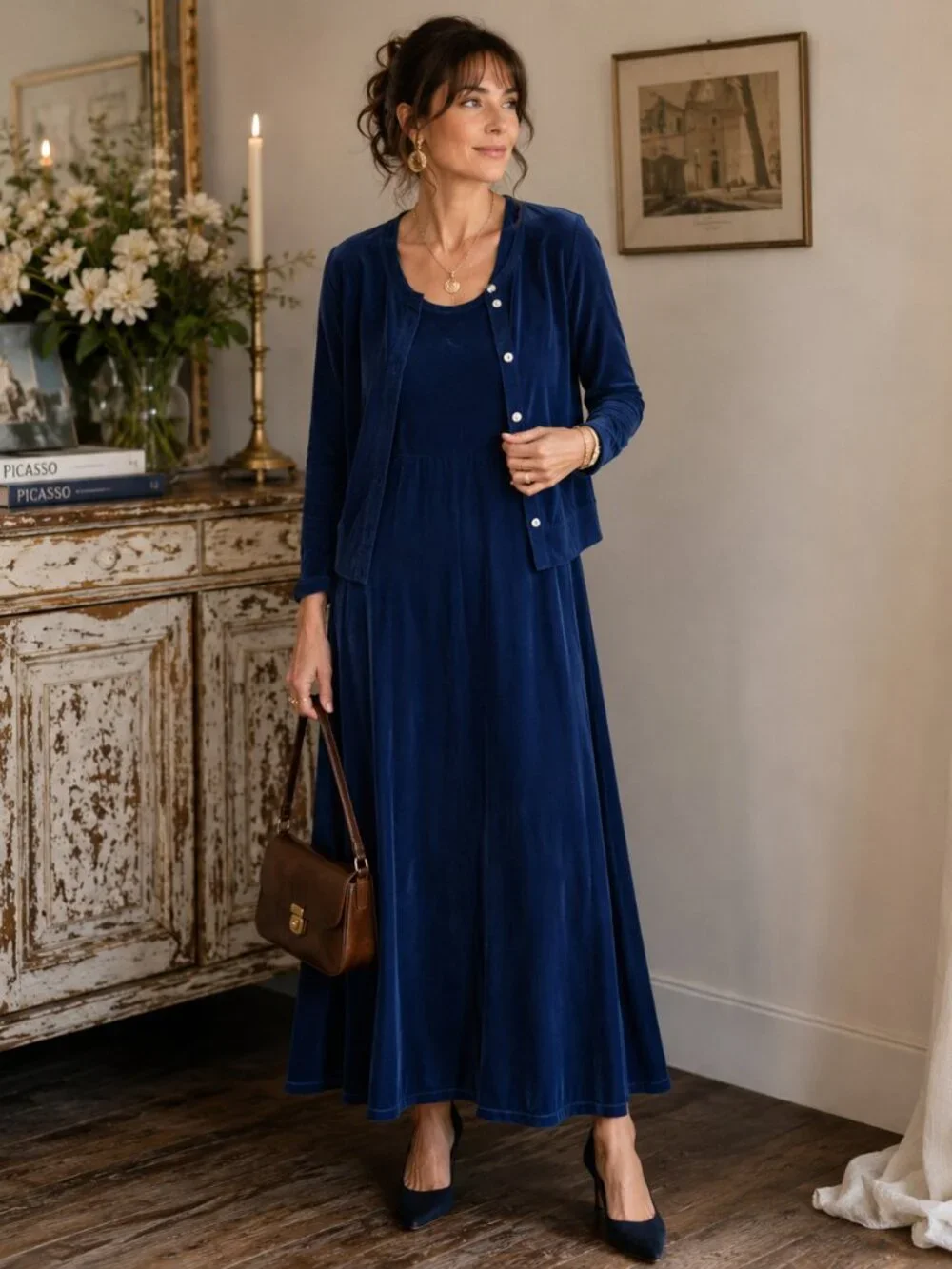 DVF Color Authority Velour Maxi Dress Women's 1X Blue Vintage‎ Luxe Chic